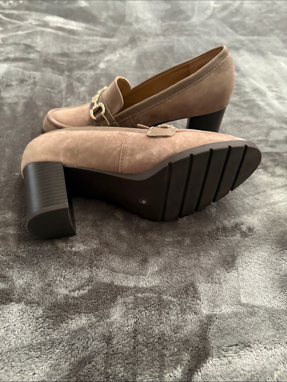 Gianni Bini Taupe Suede Loafers with Gold Horsebit - Picture 6 of 7